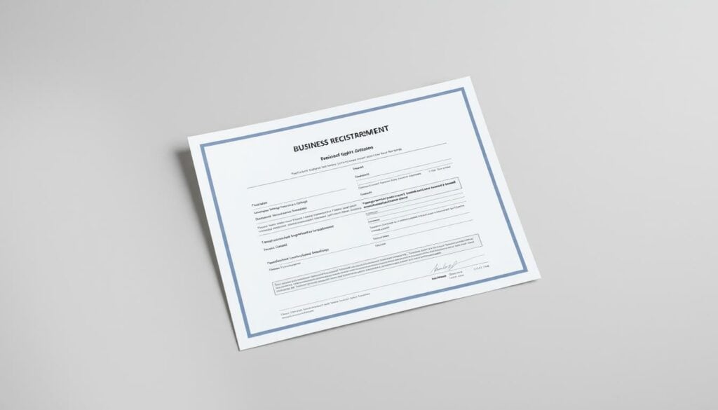 A well-organized and professional-looking business registration document, with a clean and formal design. The document should be centered in the frame, with a slightly angled perspective to create visual interest. The background should be a neutral, slightly muted tone, such as a soft gray or beige, to make the document the focal point. The lighting should be soft and evenly distributed, creating a sense of professionalism and authority. The overall mood should convey a sense of importance and legitimacy, reflecting the significance of the business registration process in the city of Munich.