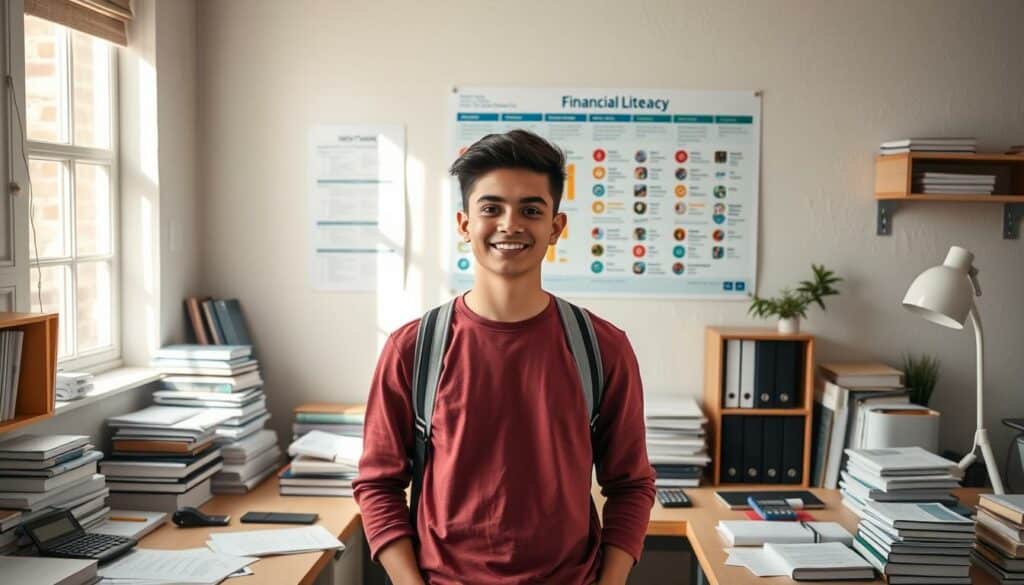 A youthful individual standing confidently, surrounded by a tidy workspace filled with books, calculators, and financial documents. Soft, natural lighting illuminates the scene, creating a serene, educational atmosphere. In the background, a wall displays a colorful, informative infographic on financial literacy, serving as a visual aid. The composition conveys a sense of focused learning and personal empowerment, reflecting the importance of financial education for young consumers.