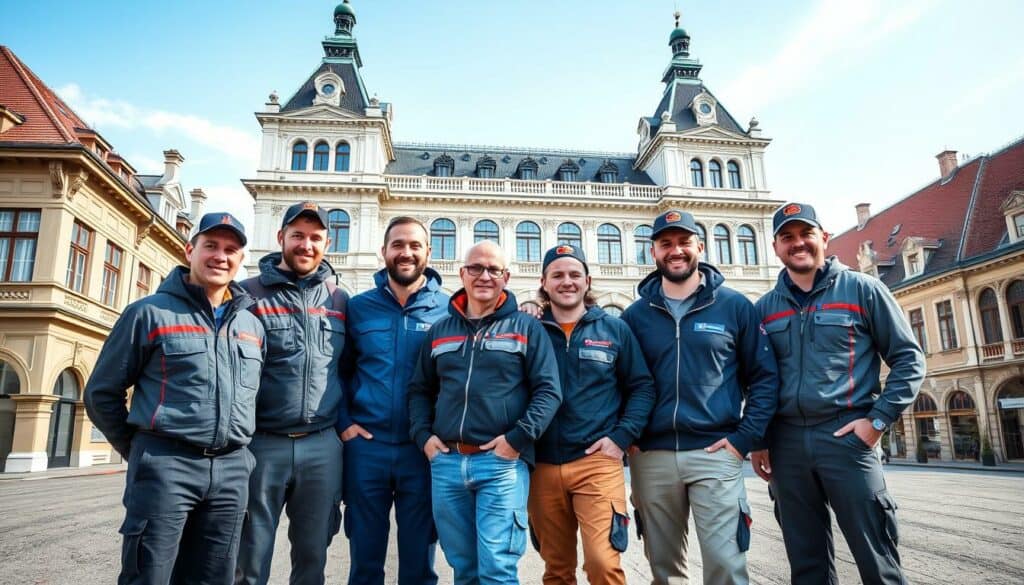 Dachdecker Wien Team vor historischem Wiener Gebäude