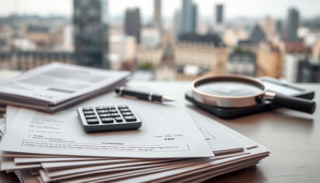 Detailed financial documents depicting the administrative costs of business registration in Frankfurt, Germany. In the foreground, a stack of official forms and papers, meticulously organized. In the middle ground, a calculator, pen, and magnifying glass, symbolizing the careful calculation and scrutiny required. The background shows a blurred cityscape, alluding to the urban context in which these business regulations exist. The lighting is soft and muted, creating a professional, government-issued aesthetic. The overall composition conveys the seriousness and importance of understanding the financial requirements for starting a new enterprise. Detailed financial documents depicting the administrative costs of business registration in Frankfurt, Germany. In the foreground, a stack of official forms and papers, meticulously organized. In the middle ground, a calculator, pen, and magnifying glass, symbolizing the careful calculation and scrutiny required. The background shows a blurred cityscape, alluding to the urban context in which these business regulations exist. The lighting is soft and muted, creating a professional, government-issued aesthetic. The overall composition conveys the seriousness and importance of understanding the financial requirements for starting a new enterprise.