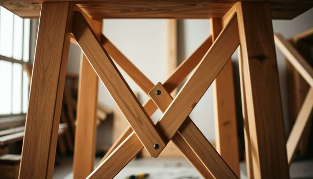 Detailed image of a table being constructed, with the legs assembled in an X-shaped configuration. Centered in the frame, the table legs are visible from a low angle, showcasing the intricate joinery and sturdy construction. The wood has a warm, natural tone, and the lighting casts dramatic shadows, emphasizing the structural elements. The background is slightly blurred, keeping the focus on the task at hand. The overall atmosphere is one of focused craftsmanship, with a sense of precision and attention to detail. Detailed image of a table being constructed, with the legs assembled in an X-shaped configuration. Centered in the frame, the table legs are visible from a low angle, showcasing the intricate joinery and sturdy construction. The wood has a warm, natural tone, and the lighting casts dramatic shadows, emphasizing the structural elements. The background is slightly blurred, keeping the focus on the task at hand. The overall atmosphere is one of focused craftsmanship, with a sense of precision and attention to detail.