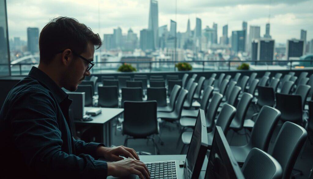 Fachkräftemangel in der Tech-Branche: A bustling tech hub shrouded in uncertainty, with desks left vacant and growth stagnating. In the foreground, a lone engineer scrutinizes a line of code, brow furrowed, surrounded by the echoes of unfilled positions. The middle ground reveals a sea of empty chairs, their silence a testament to the talent shortage. In the background, the skyline of a modern metropolis looms, its promise of innovation dimmed by the lack of skilled professionals. Soft, muted lighting casts a pensive mood, as if the city itself laments the challenges of nurturing a thriving tech ecosystem. Through a cinematic wide-angle lens, the scene captures the core tension: the demand for tech talent outpacing the supply, a hurdle that threatens to stall the region's digital ambitions.