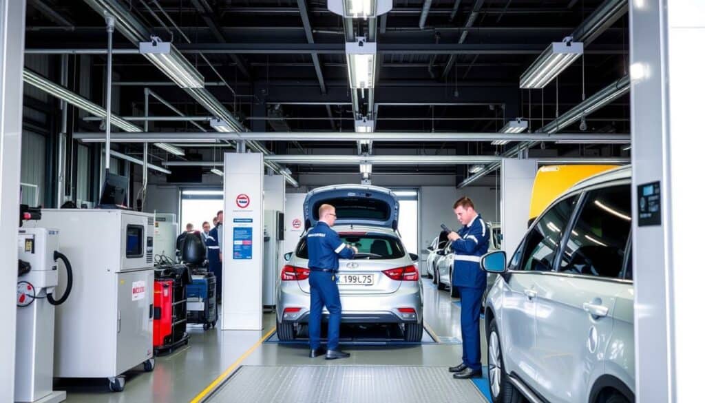 Fahrzeugprüfung in der Prüfhalle des Strassenverkehrsamt Aargau