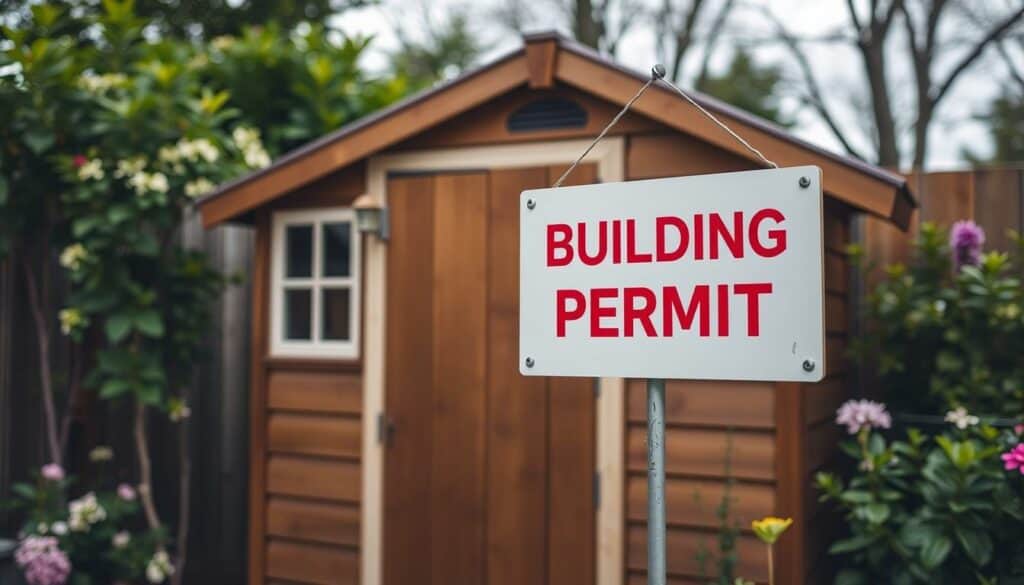 Generiere ein Bild von einem Gartenhaus mit einem Schild "Baugenehmigung" Generiere ein Bild von einem Gartenhaus mit einem Schild "Baugenehmigung"
