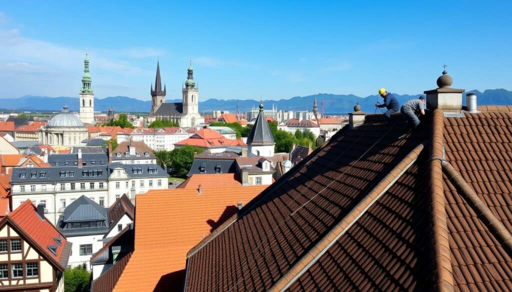 Münchner Dachdecker bei der Arbeit an traditionellem Dach