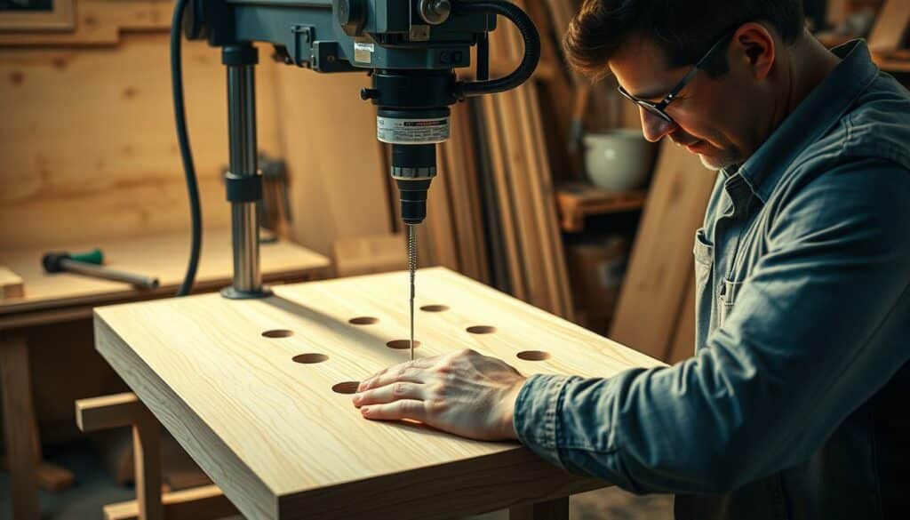 Precise drilling for table construction. A workshop scene with a skilled carpenter meticulously operating a powerful, modern drill press to create perfectly aligned holes in a solid wood tabletop. Warm, directional lighting casts dramatic shadows, highlighting the concentration on the worker's face and the precision of their movements. The tabletop is secured in a jig, ensuring stability and accuracy. The background features various woodworking tools and materials, conveying a sense of a well-equipped, professional workspace dedicated to fine carpentry. The overall mood is one of focused craftsmanship, emphasizing the importance of proper drilling techniques for high-quality table-building. Precise drilling for table construction. A workshop scene with a skilled carpenter meticulously operating a powerful, modern drill press to create perfectly aligned holes in a solid wood tabletop. Warm, directional lighting casts dramatic shadows, highlighting the concentration on the worker's face and the precision of their movements. The tabletop is secured in a jig, ensuring stability and accuracy. The background features various woodworking tools and materials, conveying a sense of a well-equipped, professional workspace dedicated to fine carpentry. The overall mood is one of focused craftsmanship, emphasizing the importance of proper drilling techniques for high-quality table-building.