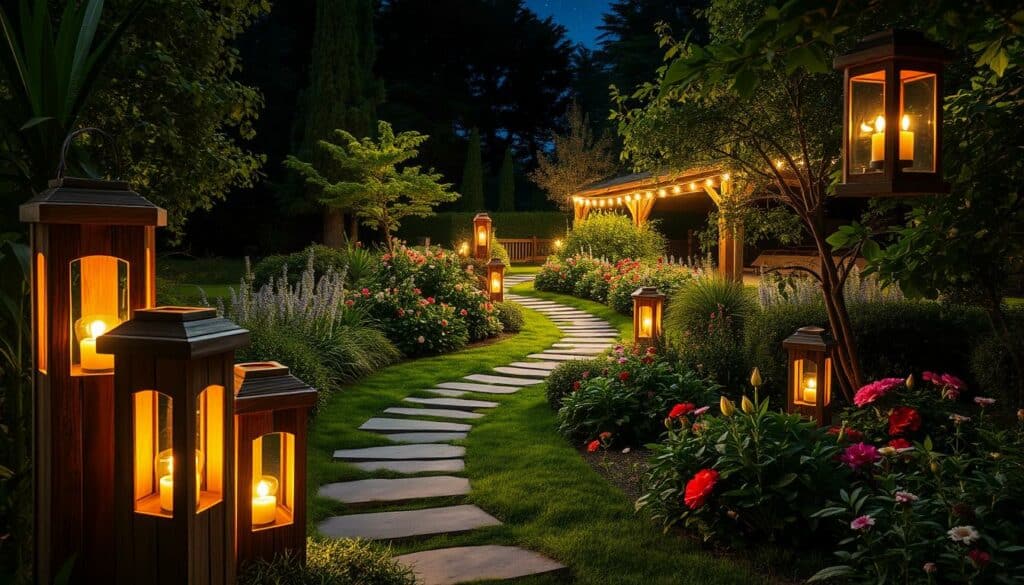 Selbstgemachte Gartenbeleuchtung A serene outdoor scene with a handcrafted garden lighting display. In the foreground, a cluster of rustic lanterns made from reclaimed wood and glass, their soft warm glow casting a cozy ambiance. In the middle ground, a winding stone path leading through a lush, well-tended garden, overflowing with vibrant flowers and verdant foliage. In the background, the silhouettes of mature trees and a starry night sky, creating a tranquil, atmospheric setting. The lighting is natural and evenly distributed, with a focus on highlighting the handmade aesthetic and the beauty of the garden. The overall mood is one of homespun charm, inviting the viewer to imagine themselves strolling through this enchanting outdoor space. Selbstgemachte Gartenbeleuchtung A serene outdoor scene with a handcrafted garden lighting display. In the foreground, a cluster of rustic lanterns made from reclaimed wood and glass, their soft warm glow casting a cozy ambiance. In the middle ground, a winding stone path leading through a lush, well-tended garden, overflowing with vibrant flowers and verdant foliage. In the background, the silhouettes of mature trees and a starry night sky, creating a tranquil, atmospheric setting. The lighting is natural and evenly distributed, with a focus on highlighting the handmade aesthetic and the beauty of the garden. The overall mood is one of homespun charm, inviting the viewer to imagine themselves strolling through this enchanting outdoor space.