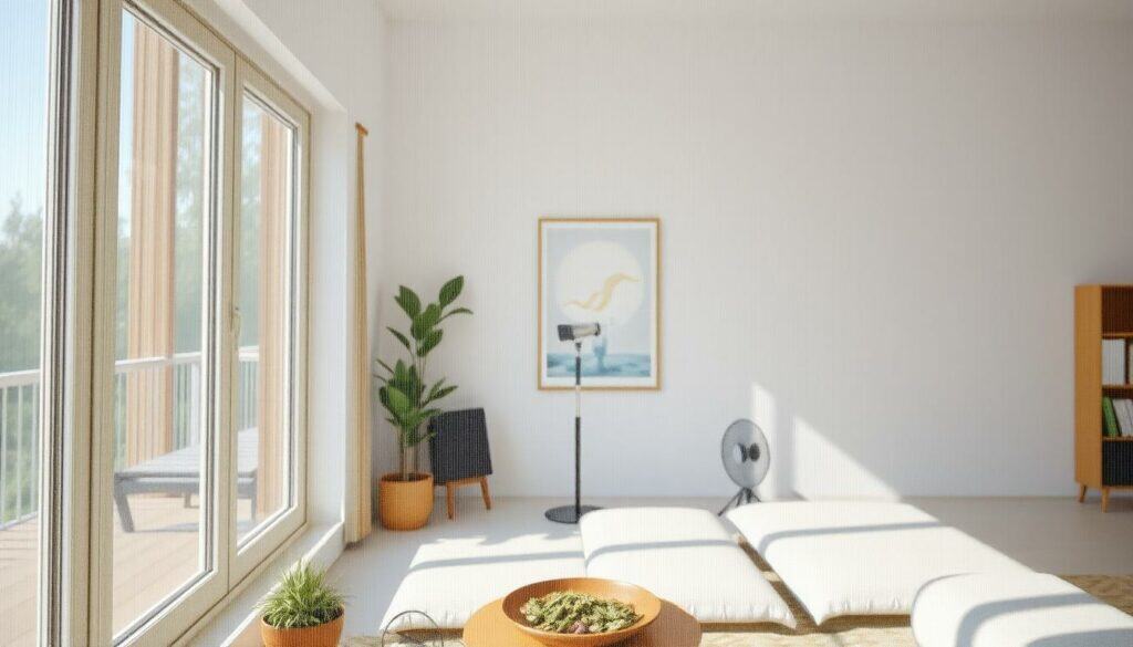 A bright, airy interior with large windows that let in natural light. In the foreground, a carefully installed fly screen or mesh, covering the window frames seamlessly, creating a physical barrier against unwanted insects. The screen's fine, uniform pattern reflects the sunlight, creating a subtle, shimmering effect. In the middle ground, various preventative measures against flies are visible - bowls of fragrant herbs, strategically placed fans, and discreet traps or repellents. The background showcases a clean, tidy living space, free of clutter, emphasizing the importance of a well-maintained environment in keeping flies at bay. An overall sense of order, cleanliness, and proactive pest control permeates the scene.
