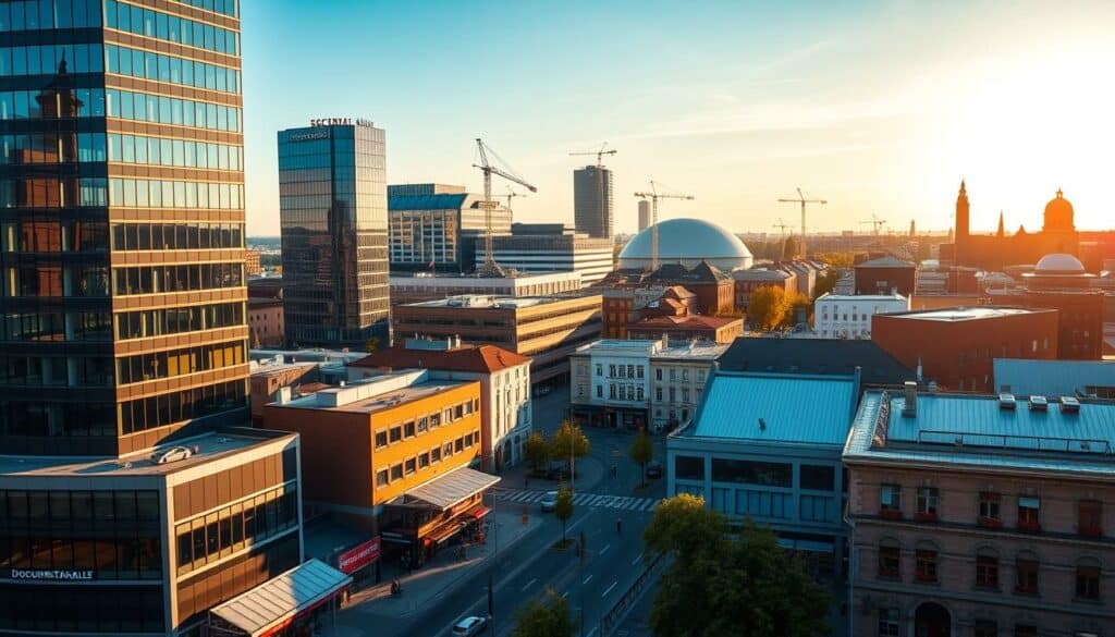 A bustling cityscape showcasing the dynamic Wirtschaftsstandort Kassel, captured in a wide-angle view. In the foreground, modern office buildings and sleek corporate headquarters stand tall, their glass facades gleaming in the warm afternoon sunlight. The middle ground features busy streets lined with thriving small businesses, their colorful awnings and signage reflecting the vibrant entrepreneurial spirit of the city. In the background, the iconic silhouette of the Documenta-Halle and other landmark structures provide a sense of historical context, blending seamlessly with the contemporary architecture. The scene conveys an atmosphere of productive energy, innovation, and economic prosperity, embodying the advantages that make Kassel an attractive destination for entrepreneurs and startups.