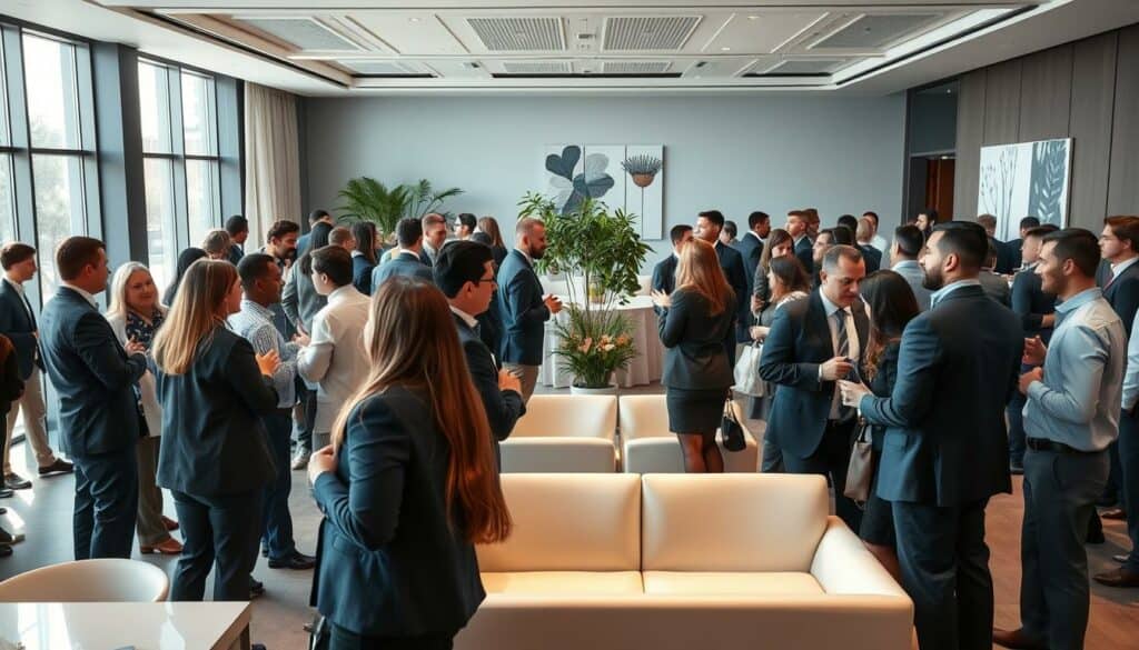 A bustling corporate networking event in a modern, well-lit conference hall. In the foreground, a group of professionals engaged in animated discussions, their business attire and confident expressions conveying a sense of purpose and collaboration. The middle ground features sleek, minimalist furniture and a backdrop of large windows, allowing natural light to flood the space and create a warm, inviting atmosphere. In the background, a cluster of potted plants and abstract wall art adds a touch of sophistication, while the overall layout and design suggest a well-organized, professional setting tailored for business networking and events. A bustling corporate networking event in a modern, well-lit conference hall. In the foreground, a group of professionals engaged in animated discussions, their business attire and confident expressions conveying a sense of purpose and collaboration. The middle ground features sleek, minimalist furniture and a backdrop of large windows, allowing natural light to flood the space and create a warm, inviting atmosphere. In the background, a cluster of potted plants and abstract wall art adds a touch of sophistication, while the overall layout and design suggest a well-organized, professional setting tailored for business networking and events.