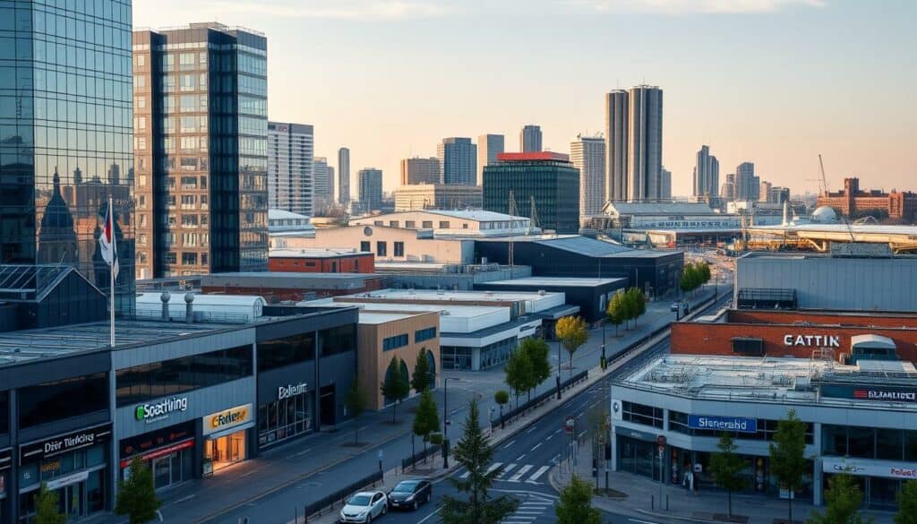 A bustling industrial cityscape with modern high-rise office buildings, warehouses, and manufacturing facilities. In the foreground, well-maintained streets and sidewalks are dotted with thriving businesses, their signage and storefronts reflecting the vibrant local economy. The middle ground features a mix of contemporary and historic architecture, showcasing Offenbach's blend of old and new. In the background, the skyline is dominated by sleek, glass-and-steel towers, their reflective surfaces catching the warm glow of the sun. The scene conveys a sense of prosperity, innovation, and opportunity - the hallmarks of a thriving economic hub. Captured with a wide-angle lens to emphasize the scale and dynamism of the Wirtschaftsstandort Offenbach.