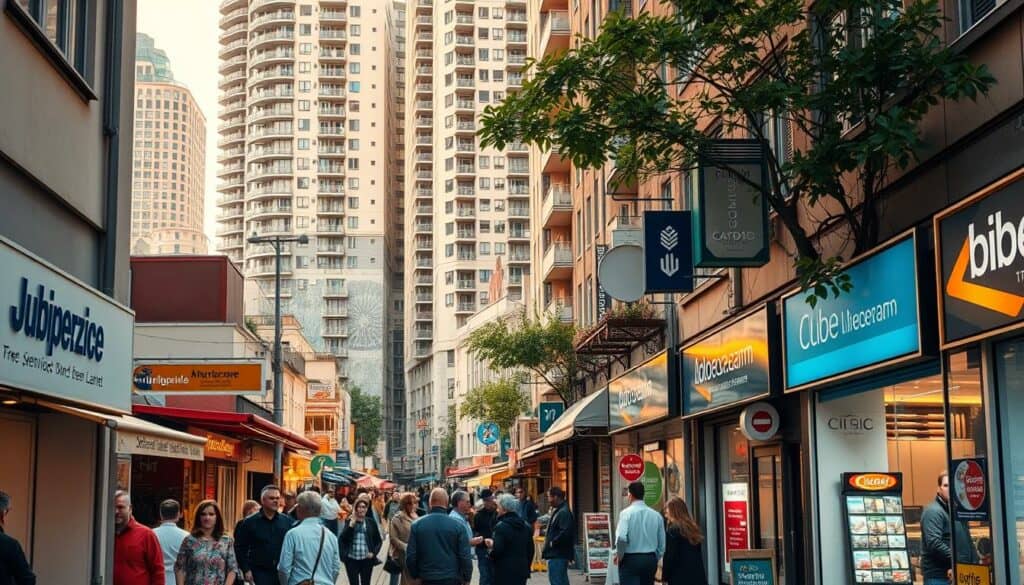 A bustling urban street scene, with a variety of small businesses and service providers lining the sidewalks. In the foreground, a group of people congregate outside a storefront, engaged in lively discussion. The middle ground features a mix of signage, awnings, and architectural details that hint at the diversity of commercial activities taking place. In the background, towering office buildings and apartment complexes create a sense of density and activity. The lighting is a warm, golden hue, casting a welcoming glow over the scene. The overall atmosphere conveys a vibrant, well-regulated business district, where entrepreneurs and customers navigate the various services and permits required by the local Gewerbeamt. A bustling urban street scene, with a variety of small businesses and service providers lining the sidewalks. In the foreground, a group of people congregate outside a storefront, engaged in lively discussion. The middle ground features a mix of signage, awnings, and architectural details that hint at the diversity of commercial activities taking place. In the background, towering office buildings and apartment complexes create a sense of density and activity. The lighting is a warm, golden hue, casting a welcoming glow over the scene. The overall atmosphere conveys a vibrant, well-regulated business district, where entrepreneurs and customers navigate the various services and permits required by the local Gewerbeamt.