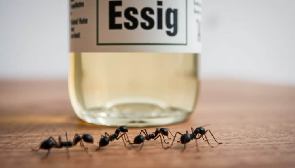 A close-up shot of a glass bottle filled with clear liquid, likely vinegar, positioned on a wooden surface. The bottle's label prominently displays the German text "Essig" (vinegar). In the foreground, several small black ants are seen crawling towards the bottle, creating a sense of tension and the notion of "Essig gegen Ameisen" (vinegar against ants). The lighting is soft and natural, highlighting the translucent quality of the liquid and the intricate details of the ants. The background is slightly blurred, creating a sense of depth and focus on the primary subject. The overall mood is one of a simple, effective household remedy against a common household pest.