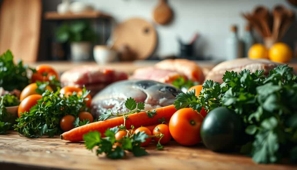 A close-up shot of a selection of fresh, high-quality ingredients arranged on a wooden table. In the foreground, vibrant vegetables and herbs, their colors and textures vividly rendered. In the middle ground, various meats and seafood, their surfaces glistening with natural juices. The background features a blurred, minimalist kitchen setting, conveying a sense of care and attention to detail. Soft, warm lighting casts a natural glow over the scene, emphasizing the quality and freshness of the ingredients. The overall mood is one of culinary excellence, inviting the viewer to imagine the delicious and nutritious meals that could be prepared with these premium components. A close-up shot of a selection of fresh, high-quality ingredients arranged on a wooden table. In the foreground, vibrant vegetables and herbs, their colors and textures vividly rendered. In the middle ground, various meats and seafood, their surfaces glistening with natural juices. The background features a blurred, minimalist kitchen setting, conveying a sense of care and attention to detail. Soft, warm lighting casts a natural glow over the scene, emphasizing the quality and freshness of the ingredients. The overall mood is one of culinary excellence, inviting the viewer to imagine the delicious and nutritious meals that could be prepared with these premium components.