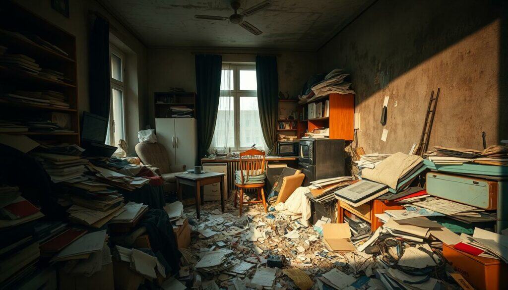 A cluttered and messy apartment interior, with piles of discarded items, accumulated papers, and a sense of overwhelming disorder. The lighting is dim, casting long shadows and creating a somber, overwhelming atmosphere. The room is filled with a variety of objects, from old furniture and appliances to clothing and personal belongings, all haphazardly strewn about. The floors are barely visible, covered in a layer of debris and clutter. The walls are stained and the windows are grimy, further adding to the sense of neglect and disrepair. The overall scene conveys the challenging and costly task of restoring order to a "Messie-Wohnung" or hoarding-affected residence.