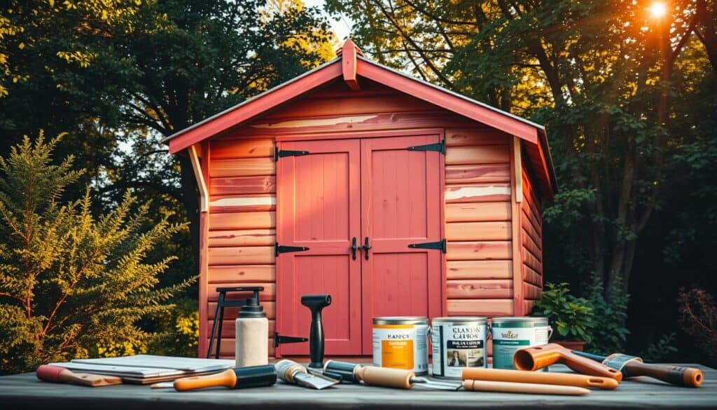 A cozy garden shed set against a lush, verdant backdrop. The shed's exterior is adorned with a fresh coat of paint, its vibrant hues accentuated by the warm, golden sunlight filtering through the trees. Weathered wooden panels and a charming, rustic aesthetic create an inviting atmosphere. In the foreground, various painting tools and supplies are neatly arranged, showcasing the process of achieving a flawless, professional-grade finish. The scene conveys a sense of tranquility and the satisfaction of a job well done, inspiring the viewer to approach their own painting project with care and attention to detail.