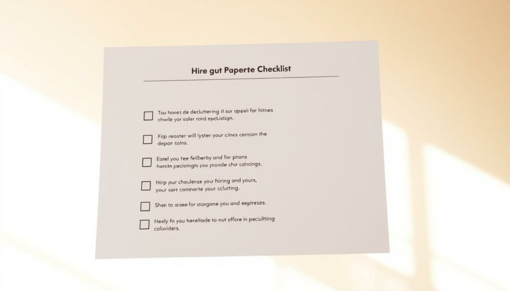 A detailed checklist floating against a bright, airy background, with minimalist icons and text highlighting key steps for hiring a professional decluttering service. The checklist is positioned prominently, with clean, legible typography in a modern, sans-serif font. The overall aesthetic is streamlined and organized, conveying a sense of efficiency and practicality to assist homeowners in making an informed decision when selecting a decluttering provider. Warm, natural lighting casts soft shadows, creating depth and emphasizing the checklist's importance. The composition is balanced and uncluttered, allowing the key information to take center stage.