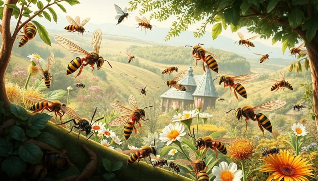A detailed, scientifically accurate illustration of various wasp species and their ecological significance. The foreground depicts several wasp species in realistic detail, showcasing their distinct features and behaviors. The middle ground features a diverse natural environment, with lush foliage, flowers, and other insect life. The background subtly hints at the broader ecosystem, with glimpses of scenic landscapes or architectural elements that suggest the role of wasps in the larger web of life. The lighting is soft and natural, creating a sense of scientific observation and educational exploration. The overall mood is one of wonder and appreciation for the intricate relationships between wasps and their environment.