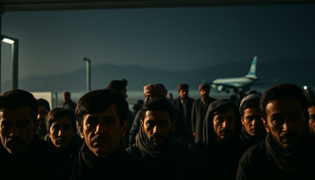 A dimly lit airport terminal, the air thick with tension. In the foreground, a group of Afghan refugees, their faces etched with worry, as they wait to be processed for deportation. The middle ground reveals Taliban officials, dressed in traditional garb, engaged in tense negotiations with government representatives. The background shows the silhouettes of aircraft, their engines rumbling, ready to transport the refugees back to the uncertain future that awaits them in Afghanistan. The scene is bathed in a somber, muted color palette, conveying the gravity and somber nature of the situation. Cinematic lighting casts dramatic shadows, heightening the sense of unease and despair. A dimly lit airport terminal, the air thick with tension. In the foreground, a group of Afghan refugees, their faces etched with worry, as they wait to be processed for deportation. The middle ground reveals Taliban officials, dressed in traditional garb, engaged in tense negotiations with government representatives. The background shows the silhouettes of aircraft, their engines rumbling, ready to transport the refugees back to the uncertain future that awaits them in Afghanistan. The scene is bathed in a somber, muted color palette, conveying the gravity and somber nature of the situation. Cinematic lighting casts dramatic shadows, heightening the sense of unease and despair.