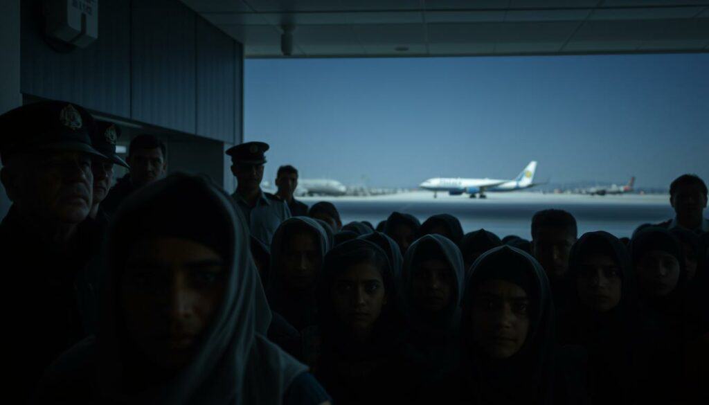 A dimly lit airport terminal, the atmosphere thick with tension. In the foreground, a group of Afghan refugees, their faces etched with uncertainty, as they await their forced repatriation. In the middle ground, uniformed officials oversee the proceedings, their expressions a mix of detachment and unease. In the background, the silhouettes of aircraft on the tarmac, a symbol of the larger geopolitical forces at play. The lighting is harsh, casting deep shadows that accentuate the somber mood. The camera angle is low, giving a sense of the refugees' vulnerability and the imposing presence of the authorities. This image conveys the complex and often contentious nature of deportations, highlighting the human toll and the ethical dilemmas that surround such actions. A dimly lit airport terminal, the atmosphere thick with tension. In the foreground, a group of Afghan refugees, their faces etched with uncertainty, as they await their forced repatriation. In the middle ground, uniformed officials oversee the proceedings, their expressions a mix of detachment and unease. In the background, the silhouettes of aircraft on the tarmac, a symbol of the larger geopolitical forces at play. The lighting is harsh, casting deep shadows that accentuate the somber mood. The camera angle is low, giving a sense of the refugees' vulnerability and the imposing presence of the authorities. This image conveys the complex and often contentious nature of deportations, highlighting the human toll and the ethical dilemmas that surround such actions.