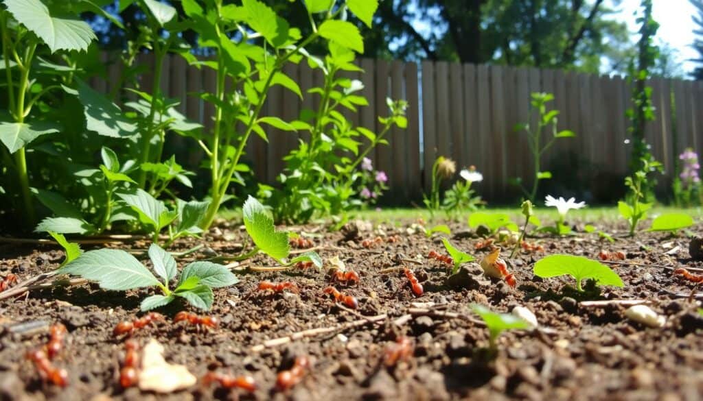 A lush garden scene, captured with a wide-angle lens and natural lighting. In the foreground, a colony of industrious ants scurrying along the soil, carrying crumbs and twigs back to their nest. The middle ground showcases the verdant foliage of plants and flowers, their leaves gently swaying in a light breeze. In the background, a wooden fence and the dappled shadows of trees create a sense of depth and tranquility. The overall tone is one of quiet observation, inviting the viewer to contemplate the intricate workings of the ant community and their role within the garden ecosystem.