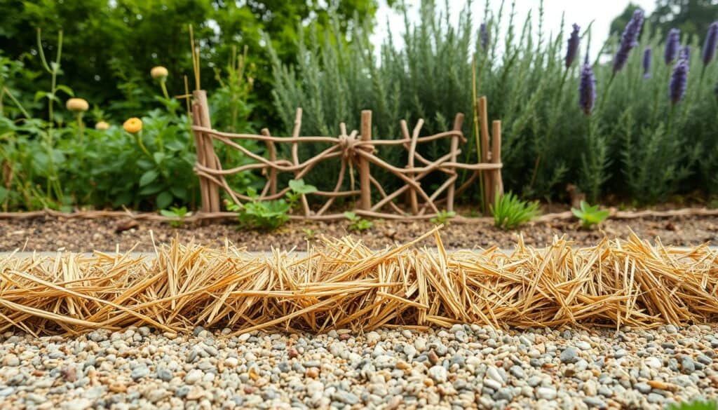 A lush garden setting with a variety of natural barriers and physical deterrents against garden snails. In the foreground, a row of tightly-packed straw mulch and gravel forms an effective barrier. In the middle ground, a low fence of interlocked twigs and wooden boards stands sentinel, creating a physical obstacle. Behind it, a dense border of thorny plants like rosemary and lavender, their fragrant foliage and sharp spines discouraging snail intrusion. The scene is bathed in soft, diffused natural lighting, conveying a serene, earth-toned palette. The overall mood is one of a well-protected, harmonious garden ecosystem.