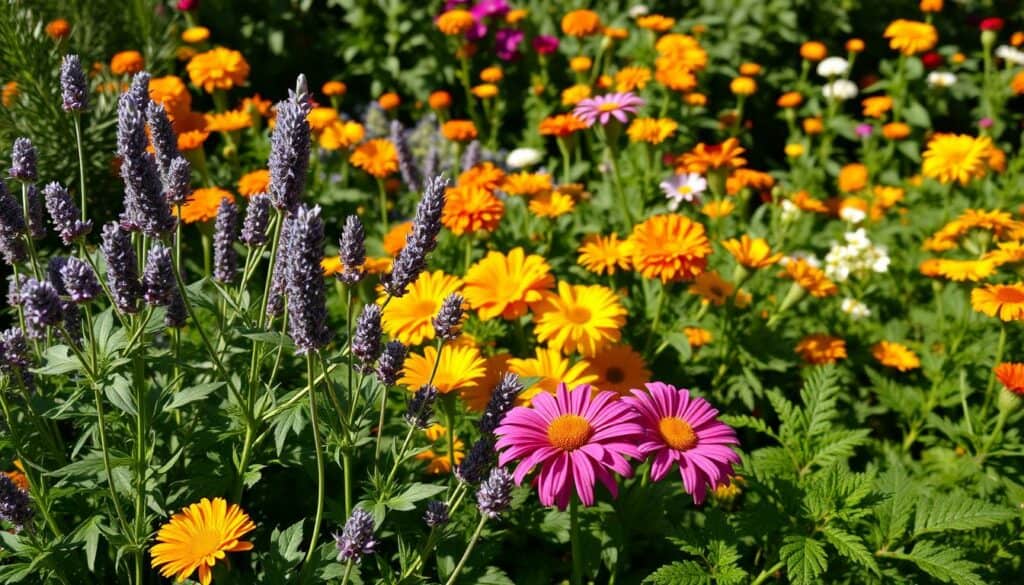 A lush, verdant garden with an array of defensive plants showcasing their natural insect-repelling abilities. In the foreground, a vibrant display of fragrant herbs like lavender, rosemary, and citronella, their delicate leaves rustling in a gentle breeze. In the middle ground, clusters of marigolds and chrysanthemums, their bold colors and pungent aromas warding off unwanted pests. The background features a diverse mix of flowering plants, their petals unfurling to reveal the intricate textures and hues that contribute to their insect-deterring properties. Warm, directional lighting casts soft shadows, highlighting the dynamic interplay between the flora and their natural defensive mechanisms. The overall composition conveys a sense of harmony and the powerful, yet subtle, ways in which plants can protect themselves from insect invaders.