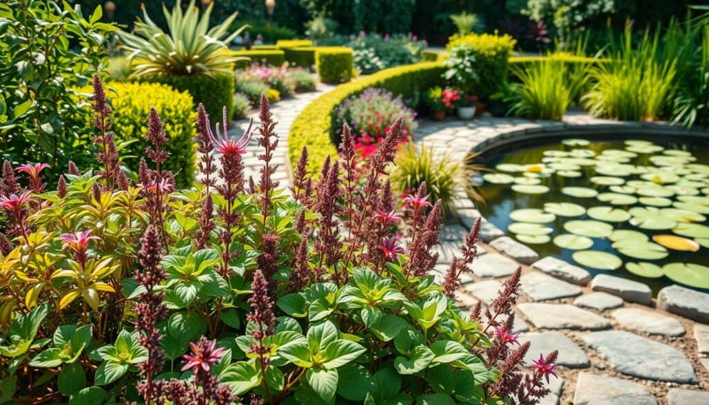 A lush, well-planned garden oasis, brimming with vibrant flora and strategically placed features to deter pesky garden snails. In the foreground, a carefully curated selection of snail-resistant plants, their leaves and petals rustling gently in a soft breeze. The middle ground showcases a meandering stone pathway, flanked by neatly trimmed hedges and aromatic herbs. In the background, a tranquil pond reflects the dappled sunlight, its surface dotted with floating lily pads. The scene exudes a sense of peaceful coexistence, where thoughtful garden design and plant selection create an environment inhospitable to unwanted snail visitors. Captured with a wide-angle lens, the image conveys a harmonious balance between form and function, showcasing effective preventative measures against garden pests.