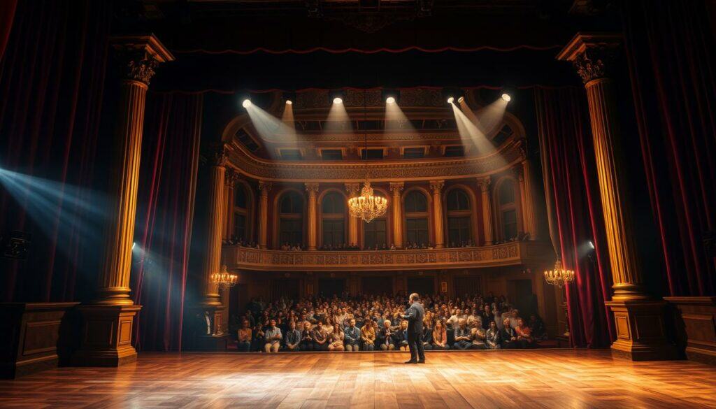 A mesmerizing stage set for a magical Zauberkunst performance in Heilbronn. In the foreground, a grand wooden stage adorned with gilded columns and plush velvet curtains. Spotlights bathe the scene in a warm, theatrical glow, casting dramatic shadows. In the middle ground, a gathered audience watches in awe, their faces filled with wonder. The background reveals an ornate concert hall, its high ceilings and elegant balconies hinting at the grandeur of the event. An air of anticipation and mystery permeates the scene, as the audience eagerly awaits the illusionist's spellbinding display of Zauberkunst. A mesmerizing stage set for a magical Zauberkunst performance in Heilbronn. In the foreground, a grand wooden stage adorned with gilded columns and plush velvet curtains. Spotlights bathe the scene in a warm, theatrical glow, casting dramatic shadows. In the middle ground, a gathered audience watches in awe, their faces filled with wonder. The background reveals an ornate concert hall, its high ceilings and elegant balconies hinting at the grandeur of the event. An air of anticipation and mystery permeates the scene, as the audience eagerly awaits the illusionist's spellbinding display of Zauberkunst.