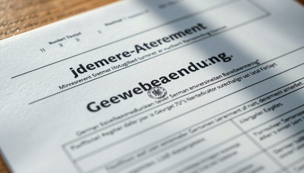 A meticulously detailed close-up of the official German "Gewerbeanmeldung" form, showcasing its intricate layout and official government branding. The form is positioned in the center of the frame, illuminated by soft, directional lighting that highlights its textured surface and crisp typography. The background is subtly blurred, drawing the viewer's focus to the form's official seal, fields, and instructions. The overall mood is one of professionalism and authority, reflecting the gravity of the business registration process. The image conveys a sense of precision and attention to detail, perfectly suited to illustrate the "Schritt-für-Schritt-Anleitung zur Gewerbeanmeldung". A meticulously detailed close-up of the official German "Gewerbeanmeldung" form, showcasing its intricate layout and official government branding. The form is positioned in the center of the frame, illuminated by soft, directional lighting that highlights its textured surface and crisp typography. The background is subtly blurred, drawing the viewer's focus to the form's official seal, fields, and instructions. The overall mood is one of professionalism and authority, reflecting the gravity of the business registration process. The image conveys a sense of precision and attention to detail, perfectly suited to illustrate the "Schritt-für-Schritt-Anleitung zur Gewerbeanmeldung".