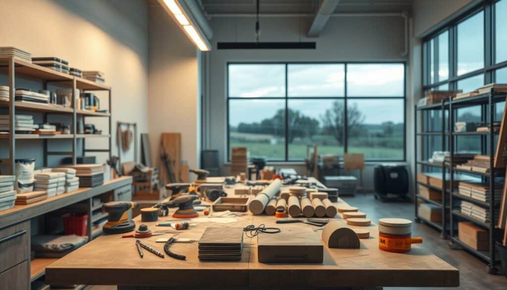 A meticulously planned workshop scene, with a central workbench featuring various tools and materials for sanding and grinding construction materials. Soft, diffused lighting from overhead illuminates the scene, casting gentle shadows and highlights. In the background, shelves display neatly organized consumables and finished products, while large windows provide a view of a serene outdoor landscape, hinting at the wider context of the project. The overall atmosphere conveys a sense of order, efficiency, and a well-thought-out approach to the "Zeitplanung für Schleifarbeiten" (scheduling of grinding work) required for the "Schleifen von Armierungsmörtel" (grinding of reinforcement mortar) process.