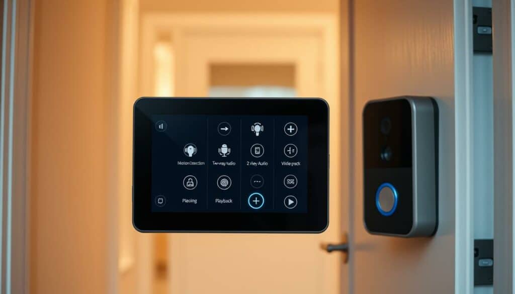 A minimalistic, clean, and user-friendly video doorbell interface. The foreground displays a high-resolution touchscreen with intuitive controls and icons for features like motion detection, two-way audio, and video playback. The background showcases a modern, well-lit entryway with a sleek, metallic doorbell housing. The lighting is warm and diffused, creating a welcoming atmosphere. The camera angle is slightly elevated, providing a clear, unobstructed view of the interface. The overall design prioritizes simplicity and ease of use, reflecting the "Nutzerfreundliche Bedienung" (user-friendly operation) theme.