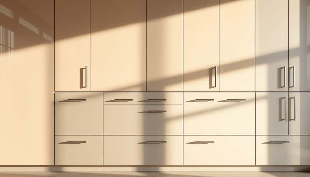 A modern kitchen with sleek, glossy cabinet fronts arranged in a visually striking montage. The fronts are in a range of neutral tones, from warm beige to cool gray, with clean lines and minimalist hardware. Soft, even lighting illuminates the scene, casting subtle shadows that accentuate the depth and texture of the surfaces. The cabinets are positioned at various angles, creating a dynamic, asymmetrical composition that draws the eye through the frame. The overall mood is one of sophistication and contemporary style, befitting the task of renovating and refreshing a kitchen space. A modern kitchen with sleek, glossy cabinet fronts arranged in a visually striking montage. The fronts are in a range of neutral tones, from warm beige to cool gray, with clean lines and minimalist hardware. Soft, even lighting illuminates the scene, casting subtle shadows that accentuate the depth and texture of the surfaces. The cabinets are positioned at various angles, creating a dynamic, asymmetrical composition that draws the eye through the frame. The overall mood is one of sophistication and contemporary style, befitting the task of renovating and refreshing a kitchen space.