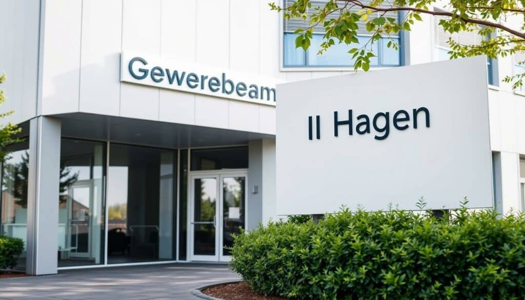 A modern, professional-looking office building with a prominent signage displaying "Gewerbeamt Hagen" in a clean, sans-serif font. The structure has a sleek, minimalist facade with large windows, a recessed entryway, and a subtle use of neutral colors like gray, white, and glass. The surroundings feature neatly landscaped greenery, perhaps a small garden or paved walkway leading to the entrance. The lighting is bright and natural, creating a welcoming, approachable atmosphere. The overall composition conveys a sense of efficiency, accessibility, and civic pride for the local business authority.