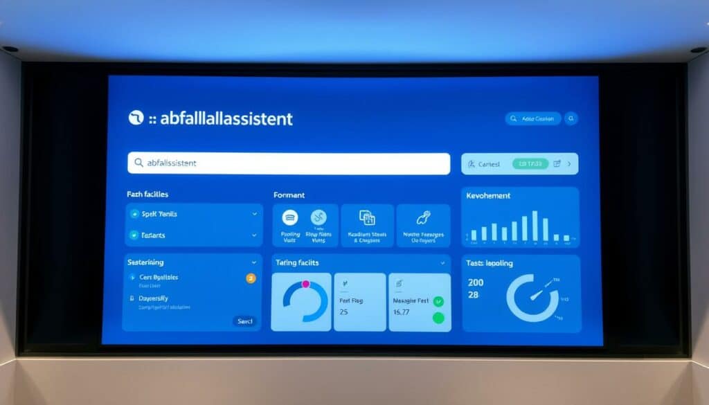 A modern user interface with a clean, minimalist design showcasing the "Abfallassistent LUIS-BB" search surface. The interface features a prominent search bar, intuitive navigation buttons, and a sleek dashboard displaying key information. The layout is balanced, with ample white space and a soothing color palette of blues and grays, creating a calm and efficient atmosphere. The overall impression is one of a user-friendly, comprehensive waste management tool, empowering citizens to easily find and access local disposal facilities. Soft, diffused lighting illuminates the screen, lending a professional and trustworthy ambiance to the scene.