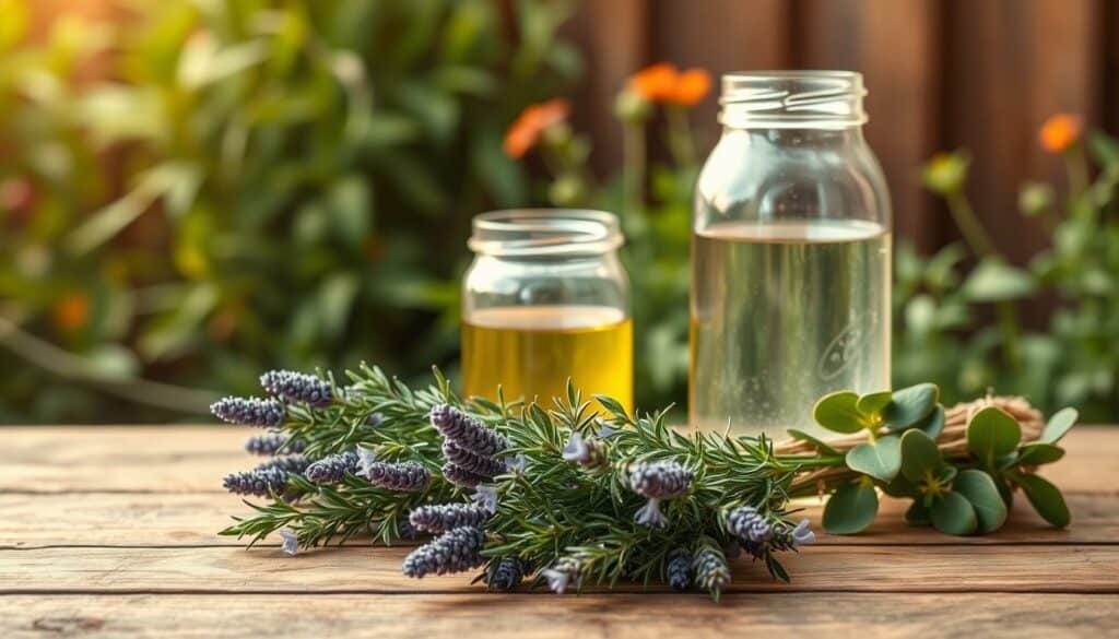 A natural fly repellent scene, featuring a rustic wooden table with an assortment of fresh herbs and botanicals. In the foreground, a bundle of fragrant lavender, rosemary, and citronella. Midground, a glass jar filled with a natural insect-deterring solution, its label obscured. In the background, a lush, verdant garden with swaying foliage, hinting at the abundance of nature's defenses against pests. Warm, diffused lighting casts a gentle glow, creating an inviting, organic atmosphere. The overall composition evokes a sense of simplicity, tranquility, and the power of natural remedies to tackle the household fly problem.