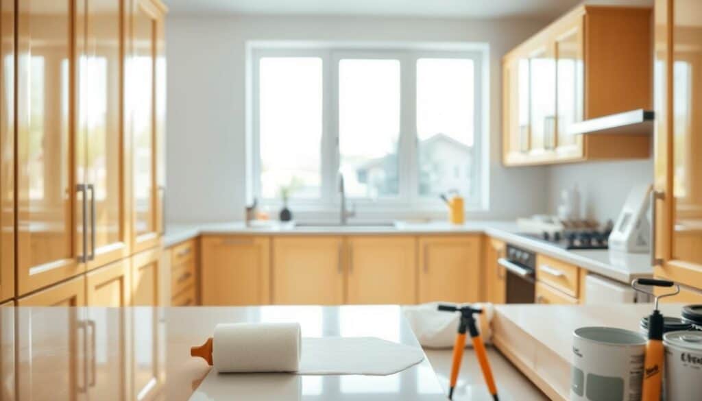 A neatly organized kitchen with fresh, glossy cabinet fronts in a warm, inviting hue. Bright, natural lighting cascades through large windows, casting a soft glow on the meticulously sanded and primed surfaces. In the foreground, a roller brush glides smoothly, applying an even coat of paint that accentuates the clean, modern lines of the cabinetry. The middle ground showcases an array of painting tools and supplies, while the background reveals a tidy, well-organized workspace, ready for the final touches that will transform this kitchen into a stylish, rejuvenated space. A neatly organized kitchen with fresh, glossy cabinet fronts in a warm, inviting hue. Bright, natural lighting cascades through large windows, casting a soft glow on the meticulously sanded and primed surfaces. In the foreground, a roller brush glides smoothly, applying an even coat of paint that accentuates the clean, modern lines of the cabinetry. The middle ground showcases an array of painting tools and supplies, while the background reveals a tidy, well-organized workspace, ready for the final touches that will transform this kitchen into a stylish, rejuvenated space.
