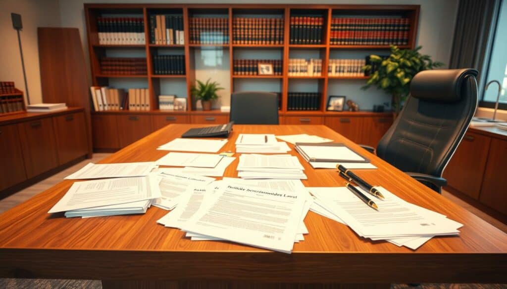 A pristine office setting with a large wooden desk and an ergonomic chair. On the desk, various legal documents and forms are neatly organized, representing the "Rechtliche Voraussetzungen Gewerbeanmeldung" (Legal Requirements for Business Registration). The lighting is warm and inviting, creating a professional atmosphere. In the background, a bookshelf filled with legal volumes and a potted plant add a touch of sophistication. The scene conveys a sense of order, attention to detail, and the importance of understanding the legal prerequisites for starting a new business.