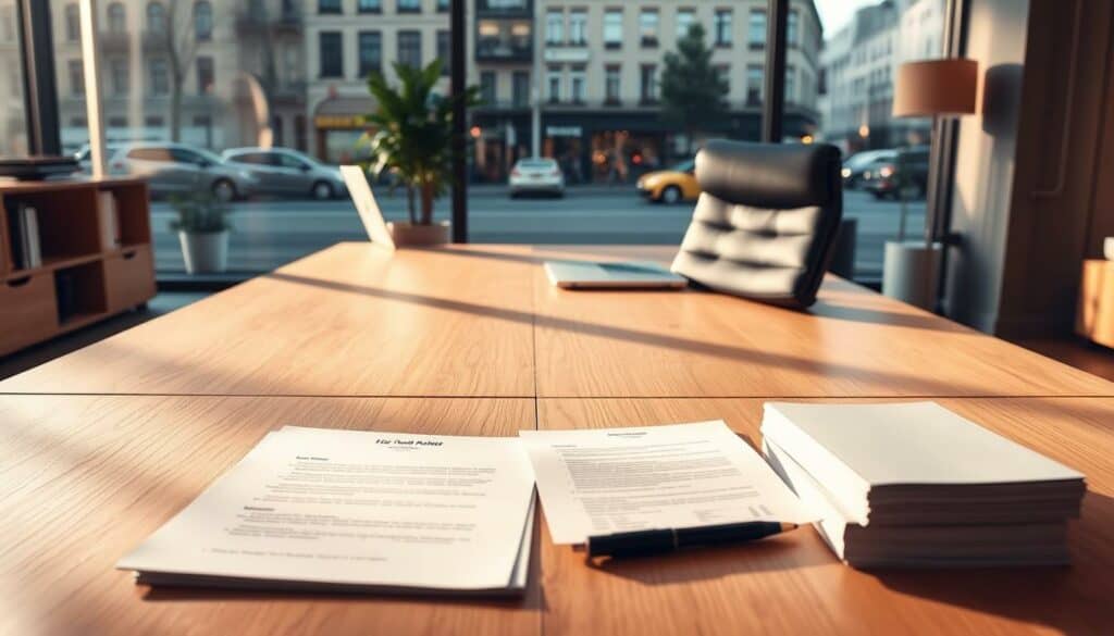 A pristine, well-organized office interior with a large desk, comfortable chair, and a neat stack of papers. Warm, directional lighting illuminates the scene, casting subtle shadows and highlighting the textures of the wooden surfaces. In the foreground, a laptop and a few office supplies sit neatly arranged, conveying a sense of professionalism and efficiency. The background features a large window overlooking a bustling city street, providing a calming, urban atmosphere. The overall mood is one of focus, productivity, and a methodical approach to the step-by-step process of business registration in Magdeburg.