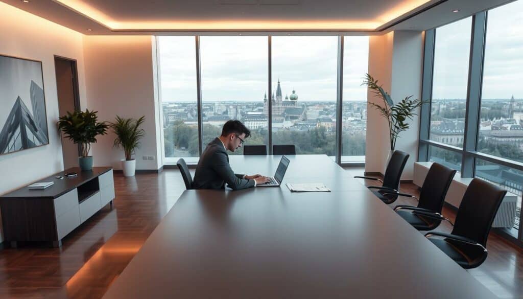 A sleek, modern office interior with a large desk prominently displaying a laptop and documents. The walls are adorned with minimalist artwork and a large window offers a scenic view of the Dresden cityscape. Warm, diffuse lighting illuminates the space, creating a professional yet inviting atmosphere. In the foreground, a businessperson is seated at the desk, focused on the online form for a business registration. The scene conveys the efficiency and convenience of the online business registration process in Dresden. A sleek, modern office interior with a large desk prominently displaying a laptop and documents. The walls are adorned with minimalist artwork and a large window offers a scenic view of the Dresden cityscape. Warm, diffuse lighting illuminates the space, creating a professional yet inviting atmosphere. In the foreground, a businessperson is seated at the desk, focused on the online form for a business registration. The scene conveys the efficiency and convenience of the online business registration process in Dresden.