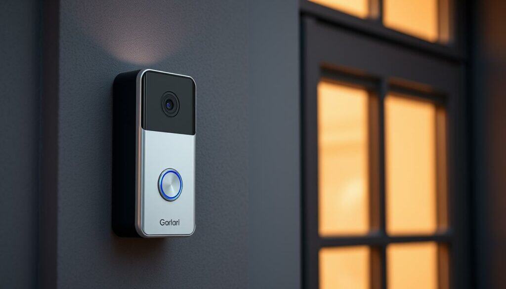 A sleek, modern video doorbell with a high-resolution camera, mounted on a stylish, minimalist exterior wall. The device features a large, clear display panel for easy viewing and intuitive touch controls. Diffused, warm lighting gently illuminates the subject, creating a welcoming, inviting atmosphere. The camera is positioned at eye level, capturing a wide, unobstructed view of the entrance. The overall design is clean, sophisticated, and seamlessly integrated into the architecture, reflecting the premium quality and thoughtful engineering of this video doorbell system.