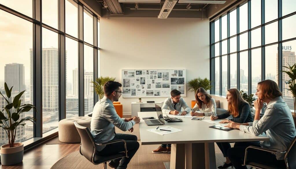 A spacious, well-lit office interior with floor-to-ceiling windows overlooking a vibrant cityscape. In the foreground, a team of designers engaged in lively discussion around a sleek conference table, sketching ideas and exchanging thoughts. In the middle ground, a series of inspiration boards and mood walls showcasing a diverse range of design projects, from sleek product designs to imaginative architectural renderings. The background features a blend of modern furnishings, cutting-edge technology, and creative workspace elements that embody the dynamic nature of the design profession. Warm, diffused lighting and a sense of collaborative energy pervade the scene, conveying the boundless career opportunities and rewarding challenges inherent in the world of design. A spacious, well-lit office interior with floor-to-ceiling windows overlooking a vibrant cityscape. In the foreground, a team of designers engaged in lively discussion around a sleek conference table, sketching ideas and exchanging thoughts. In the middle ground, a series of inspiration boards and mood walls showcasing a diverse range of design projects, from sleek product designs to imaginative architectural renderings. The background features a blend of modern furnishings, cutting-edge technology, and creative workspace elements that embody the dynamic nature of the design profession. Warm, diffused lighting and a sense of collaborative energy pervade the scene, conveying the boundless career opportunities and rewarding challenges inherent in the world of design.