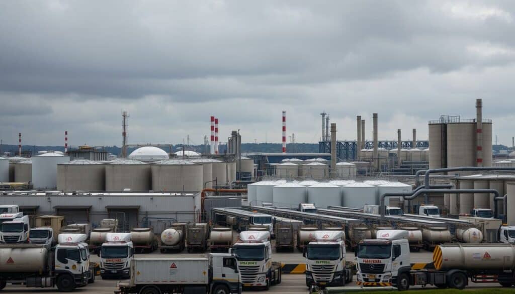 A sprawling industrial facility set against a moody, overcast sky. In the foreground, a fleet of heavy-duty trucks and machinery stand ready to transport and process hazardous waste materials. The middle ground reveals a series of reinforced concrete structures, their facades adorned with warning signs and safety markings. In the background, a network of pipes, tanks, and silos rise up, hinting at the complex systems required to properly manage and contain dangerous substances. The scene conveys a sense of careful, controlled management of environmental risks, with a palpable tension between the necessity of such operations and their inherent hazards.