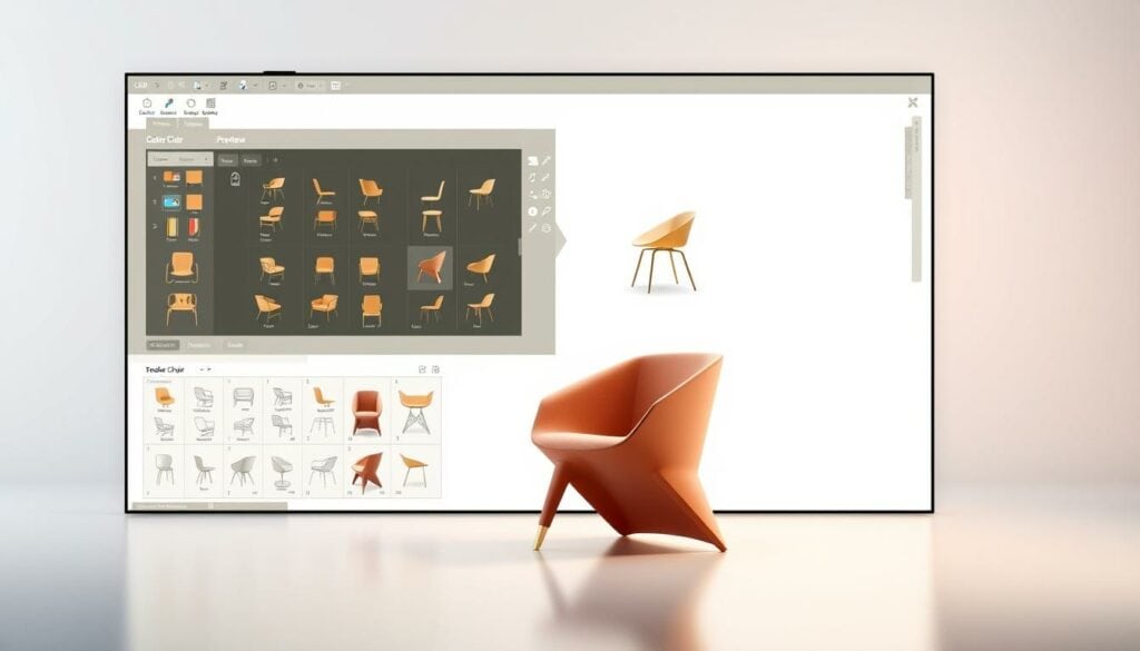 A state-of-the-art CAD software interface showcasing a sleek, minimalist design with clean lines and intuitive controls. The foreground features a 3D rendering of a modern, angular chair in a warm, muted color palette, surrounded by a grid of customizable design options. The middle ground displays a high-resolution preview of the chair model, allowing for detailed inspection from multiple angles. The background bathes the scene in a softly diffused light, emphasizing the precision and craftsmanship of the design process. The overall mood is one of professionalism, creativity, and technical mastery, perfectly suited to illustrate the core competencies of a space and object design career. A state-of-the-art CAD software interface showcasing a sleek, minimalist design with clean lines and intuitive controls. The foreground features a 3D rendering of a modern, angular chair in a warm, muted color palette, surrounded by a grid of customizable design options. The middle ground displays a high-resolution preview of the chair model, allowing for detailed inspection from multiple angles. The background bathes the scene in a softly diffused light, emphasizing the precision and craftsmanship of the design process. The overall mood is one of professionalism, creativity, and technical mastery, perfectly suited to illustrate the core competencies of a space and object design career.