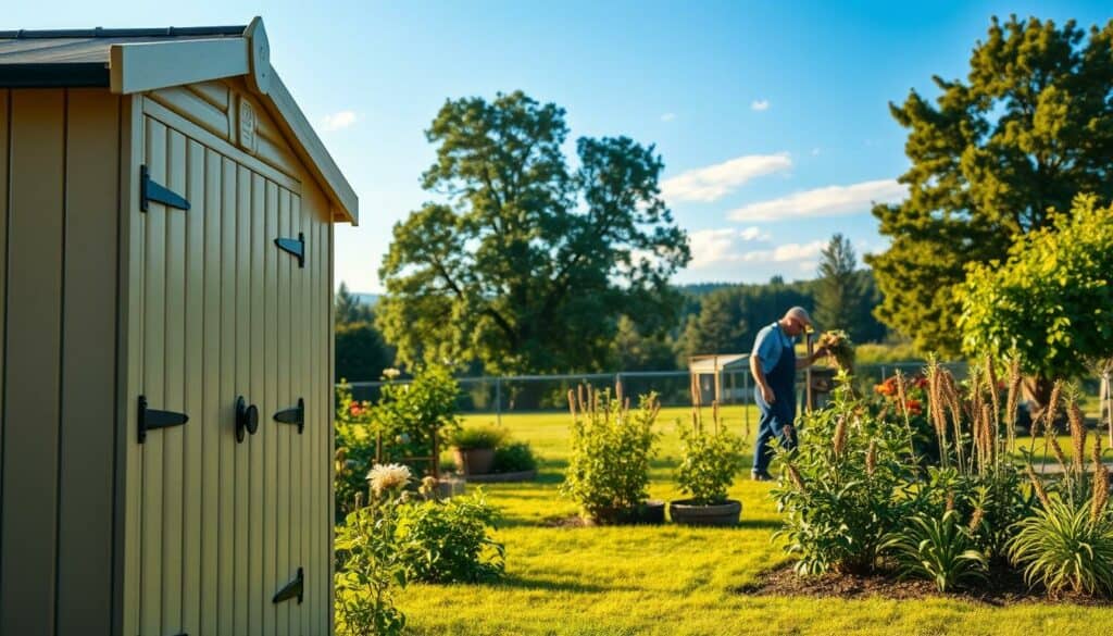 A tranquil garden shed stands in the foreground, its freshly painted wooden panels glistening in the warm afternoon sunlight. In the middle ground, a gardener in overalls carefully tends to the plants, pruning and tending to their needs. The background features a lush, verdant landscape, with towering trees and a cloudless azure sky, creating a serene and peaceful atmosphere. The scene conveys the importance of ongoing maintenance and care to preserve the beauty and functionality of the garden shed, a key element in the article's subject matter.