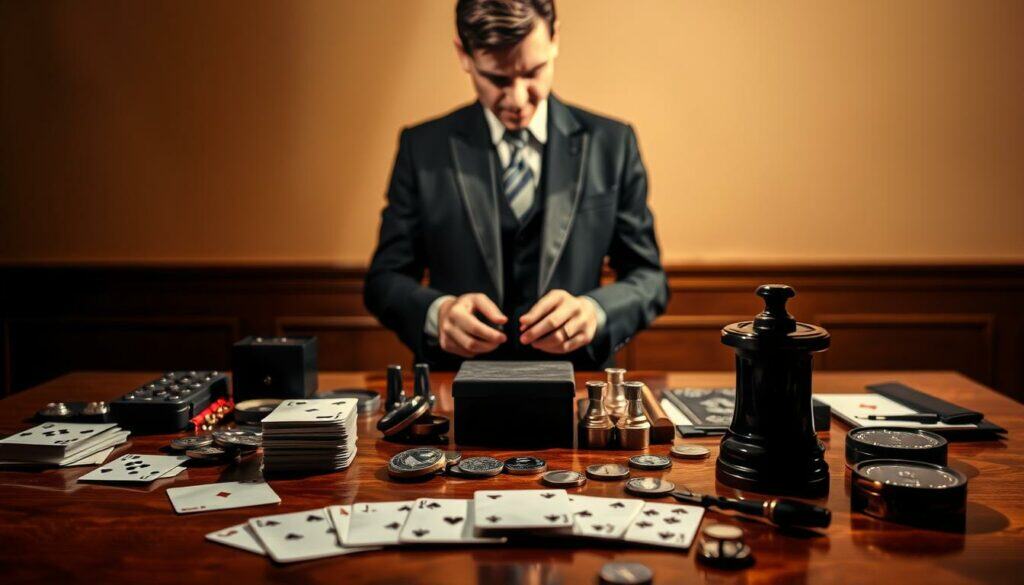A tranquil scene of a thoughtful magician meticulously selecting his tools of the trade. In the foreground, an array of playing cards, coins, and other magical paraphernalia are laid out with care, casting intriguing shadows on the polished wooden table. The magician, dressed in a sharp suit and tie, stands in the middle ground, contemplating his choices with a pensive expression, his hands poised to pick the perfect implements for his upcoming performance. The background is softly blurred, drawing the viewer's eye to the focal point - the deliberate process of a skilled illusionist preparing for his craft. Warm, directional lighting creates a sense of drama and anticipation, as if the moment before the magic is about to unfold. A tranquil scene of a thoughtful magician meticulously selecting his tools of the trade. In the foreground, an array of playing cards, coins, and other magical paraphernalia are laid out with care, casting intriguing shadows on the polished wooden table. The magician, dressed in a sharp suit and tie, stands in the middle ground, contemplating his choices with a pensive expression, his hands poised to pick the perfect implements for his upcoming performance. The background is softly blurred, drawing the viewer's eye to the focal point - the deliberate process of a skilled illusionist preparing for his craft. Warm, directional lighting creates a sense of drama and anticipation, as if the moment before the magic is about to unfold.