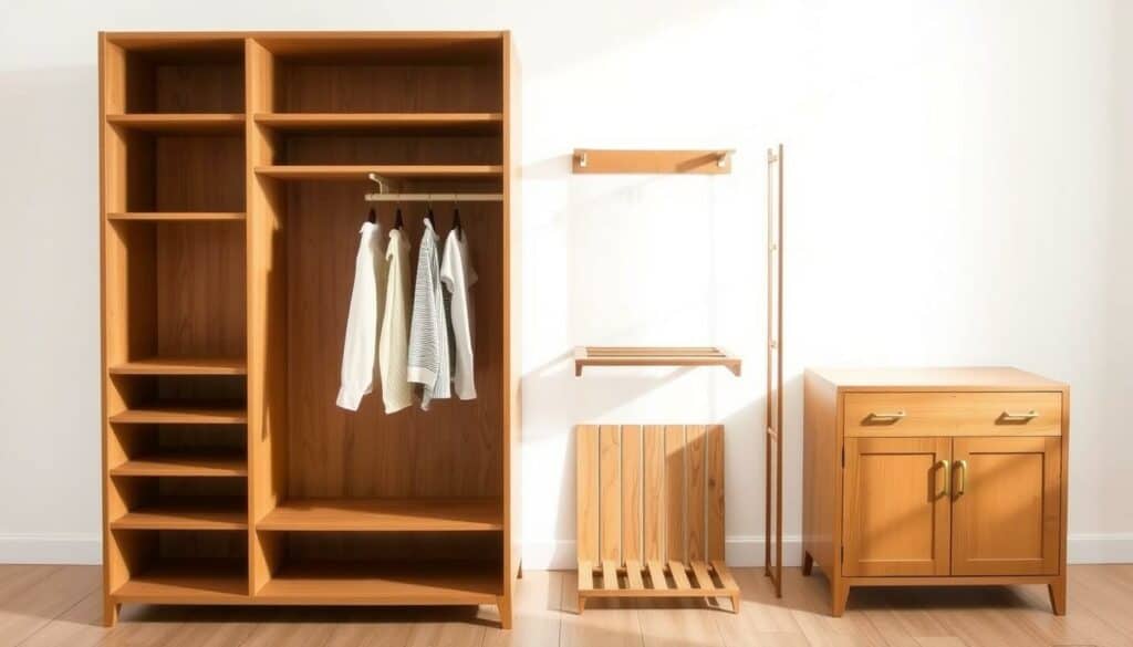 A well-crafted, step-by-step instructional guide for building a custom wardrobe from a sideboard and wooden slats. Showcased against a bright, airy backdrop, the image features a detailed, exploded view of the wardrobe components - the sideboard, shelves, hanging rods, and wooden slats - positioned in a clean, organized arrangement. Soft, natural lighting accentuates the warm wood tones and clean lines, creating a sense of simplicity and practicality. The overall mood is one of approachability and clarity, inviting the viewer to envision the process of assembling this functional, DIY storage solution. A well-crafted, step-by-step instructional guide for building a custom wardrobe from a sideboard and wooden slats. Showcased against a bright, airy backdrop, the image features a detailed, exploded view of the wardrobe components - the sideboard, shelves, hanging rods, and wooden slats - positioned in a clean, organized arrangement. Soft, natural lighting accentuates the warm wood tones and clean lines, creating a sense of simplicity and practicality. The overall mood is one of approachability and clarity, inviting the viewer to envision the process of assembling this functional, DIY storage solution.