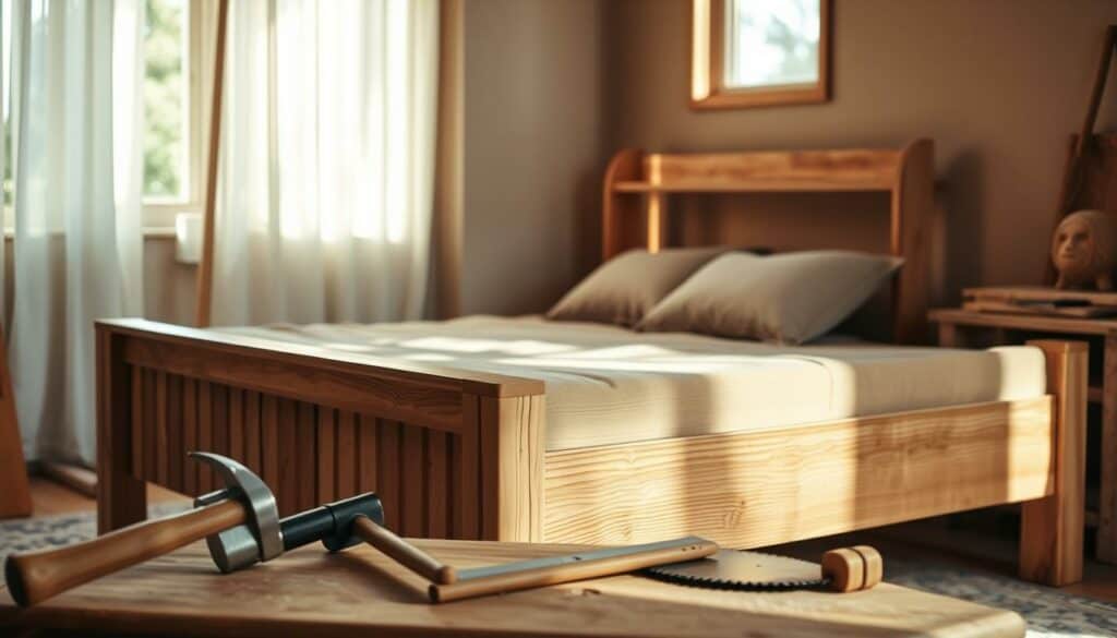 A well-crafted wooden bed frame stands prominently in a cozy, sun-dappled bedroom. Carefully sanded and stained planks form the headboard, footboard, and side rails, exuding a rustic, handcrafted charm. Soft, inviting bedding in muted tones complements the natural wood tones. Warm, diffused lighting filters through sheer curtains, creating a serene, relaxing atmosphere. In the foreground, an array of woodworking tools - a hammer, saw, and chisel - hint at the skilled craftsmanship involved in the bed's construction. The overall scene conveys a sense of pride, accomplishment, and the rewarding experience of building one's own furniture. A well-crafted wooden bed frame stands prominently in a cozy, sun-dappled bedroom. Carefully sanded and stained planks form the headboard, footboard, and side rails, exuding a rustic, handcrafted charm. Soft, inviting bedding in muted tones complements the natural wood tones. Warm, diffused lighting filters through sheer curtains, creating a serene, relaxing atmosphere. In the foreground, an array of woodworking tools - a hammer, saw, and chisel - hint at the skilled craftsmanship involved in the bed's construction. The overall scene conveys a sense of pride, accomplishment, and the rewarding experience of building one's own furniture.