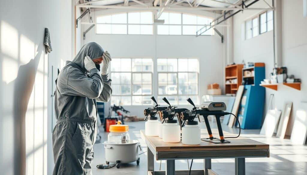 A well-lit, expansive studio space filled with various cleaning supplies and tools. In the foreground, a person in protective gear carefully wiping down a freshly painted wall with a microfiber cloth, removing any excess paint or drips. In the middle ground, a set of high-quality sprayers and solvents neatly arranged on a sturdy workbench, ready for the next phase of the process. The background features large windows allowing natural light to flood the area, creating a bright and airy atmosphere. The overall scene conveys a sense of order, attention to detail, and a professional approach to the delicate task of drying and cleaning surfaces after a spray painting project.