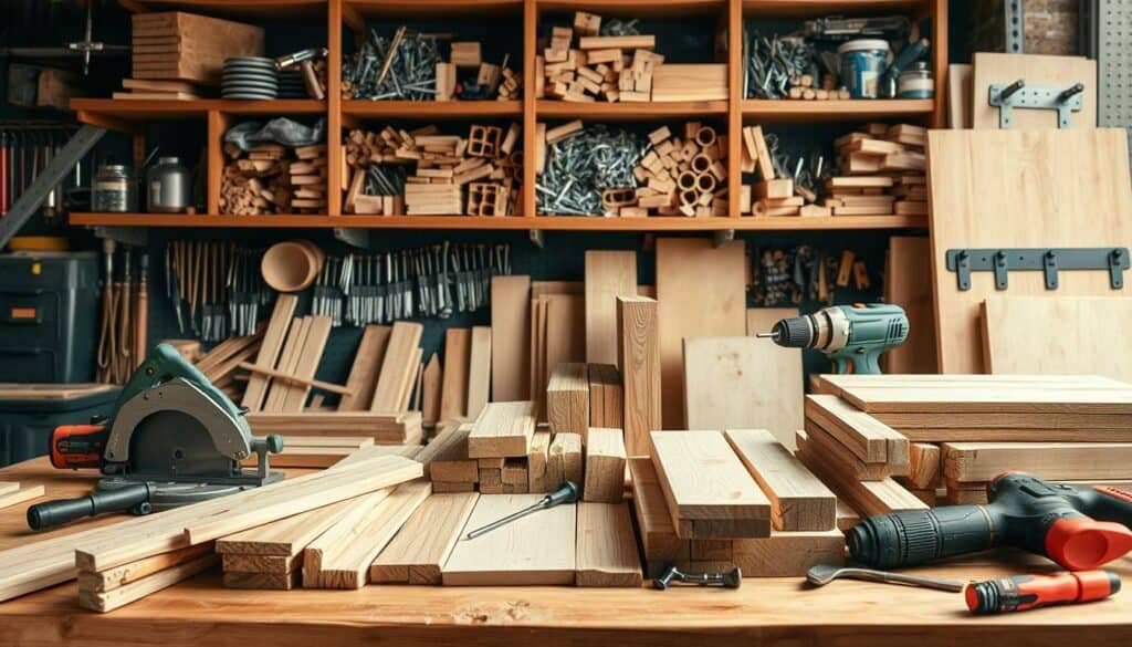 A well-lit, high-resolution photograph showcasing an assortment of DIY project materials. In the foreground, an array of woodworking tools including a saw, hammer, screwdriver, and drill, arranged neatly on a wooden workbench. In the middle ground, various pieces of lumber in different shapes and sizes, both raw and pre-cut, with a focus on natural wood grains and textures. In the background, shelves displaying an assortment of hardware such as nails, screws, hinges, and brackets, all organized and easily accessible. The overall mood is one of efficiency, craftsmanship, and preparedness, conveying the sense that the viewer has everything they need to embark on a successful DIY project. A well-lit, high-resolution photograph showcasing an assortment of DIY project materials. In the foreground, an array of woodworking tools including a saw, hammer, screwdriver, and drill, arranged neatly on a wooden workbench. In the middle ground, various pieces of lumber in different shapes and sizes, both raw and pre-cut, with a focus on natural wood grains and textures. In the background, shelves displaying an assortment of hardware such as nails, screws, hinges, and brackets, all organized and easily accessible. The overall mood is one of efficiency, craftsmanship, and preparedness, conveying the sense that the viewer has everything they need to embark on a successful DIY project.